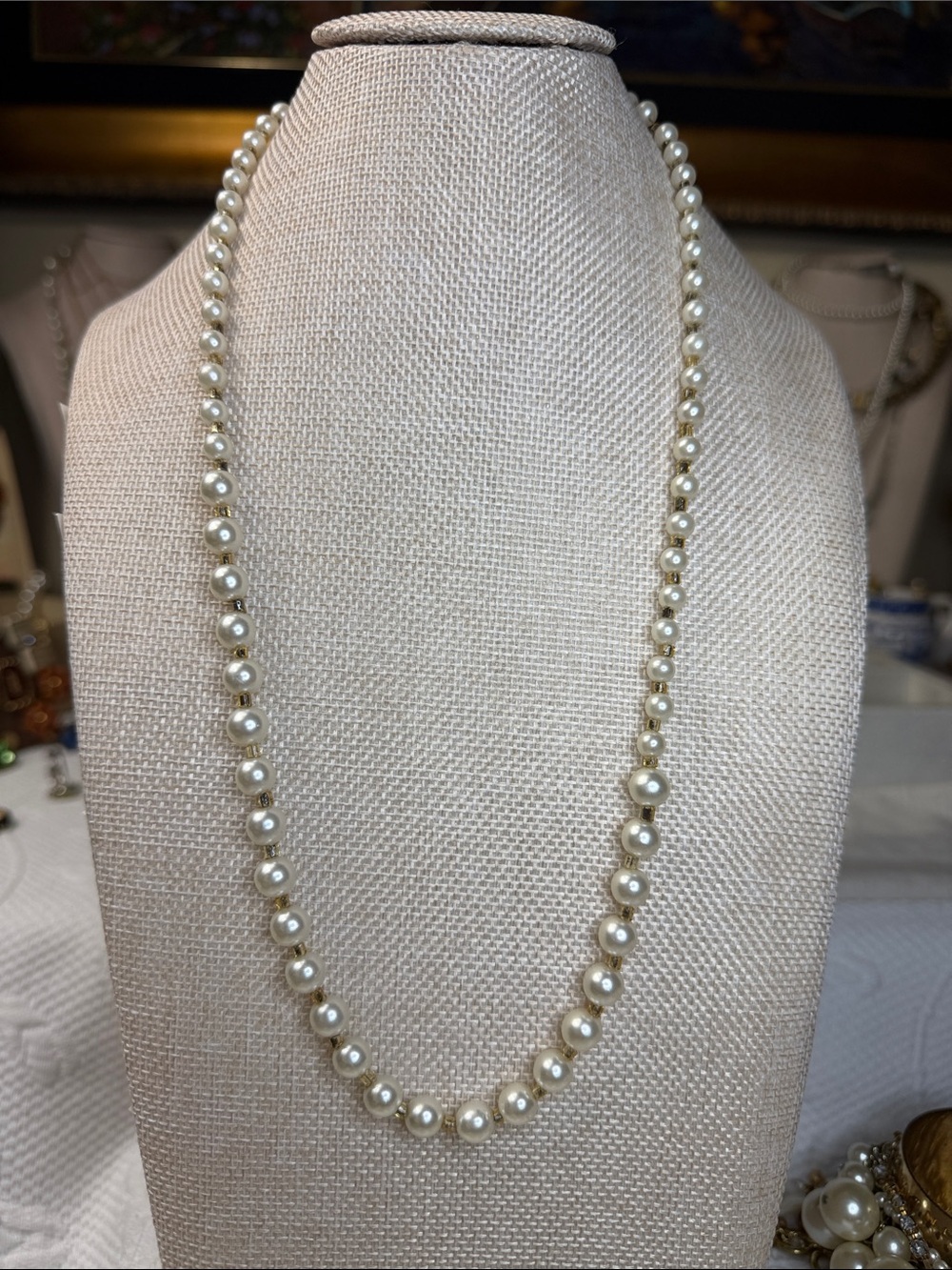 Classic White Pearl Necklace with crystals in between - Timeless Women's Jewelry